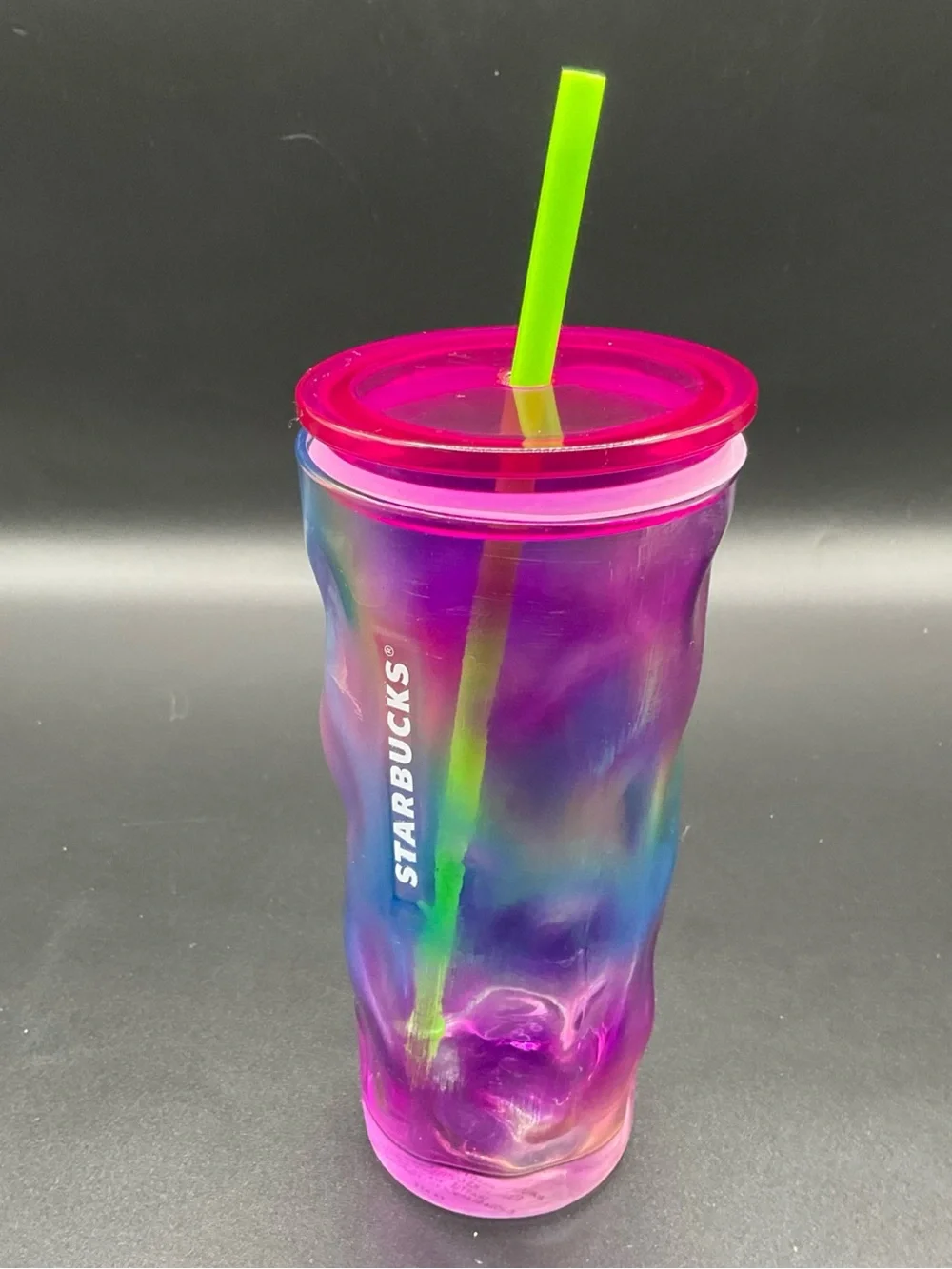 Starbucks 2024 Retired 16 oz Rainbow Glass Tumbler Pink Lid Green Straw tie dye